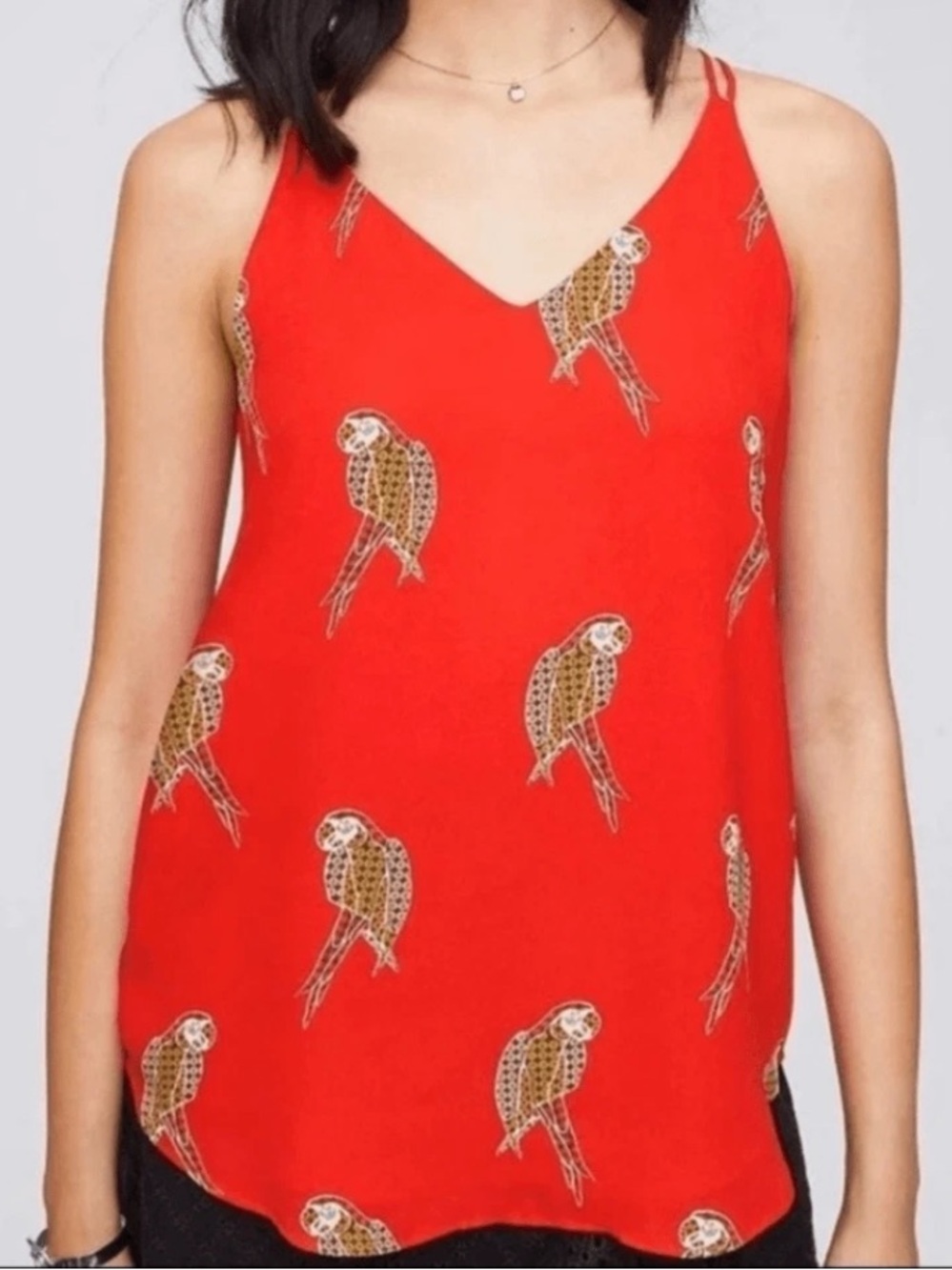 Ann Taylor LOFT Tropical Bird Print Cami Tank Top Blouse Red Medium Petite MP